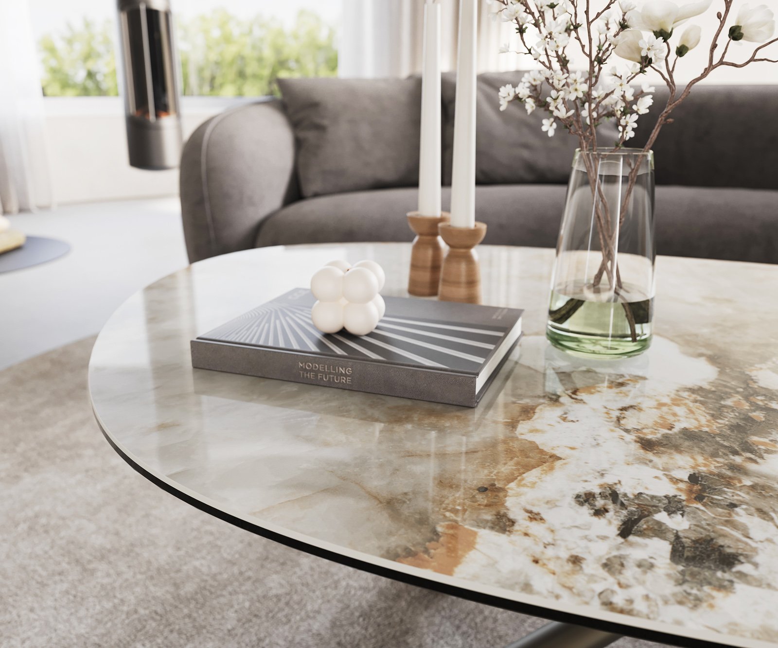 Konferenčný stolík Edge oválny 140x75 cm keramika Minas Melange Sarity kov efektový povrch titán - Image 6