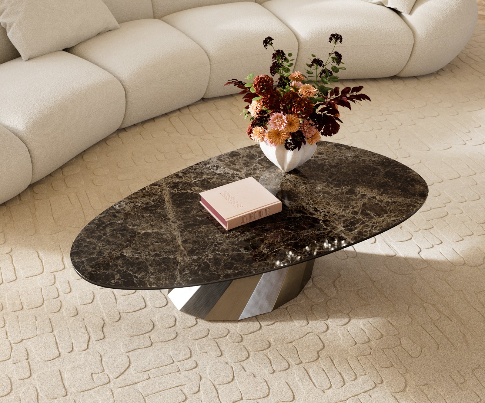 Konferenčný stolík Edge oválny 140x75 cm keramika Laminam® Emperador Extra Lucidato tmavohnedá Parabi nerezová oceľ kefovaná - Image 4