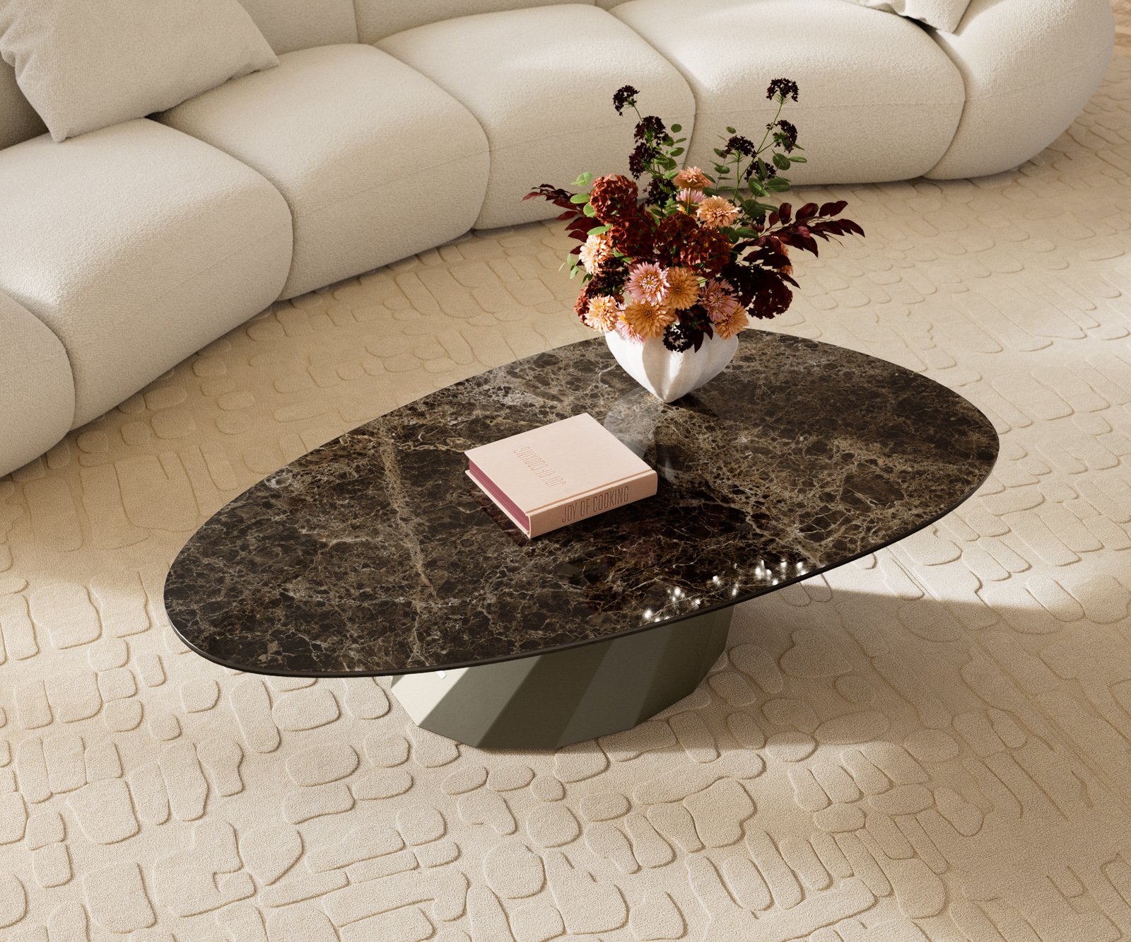 Konferenčný stolík Edge oválny 140x75 cm keramika Laminam® Emperador Extra Lucidato tmavohnedá Parabi kov efektový povrch titán - Image 4