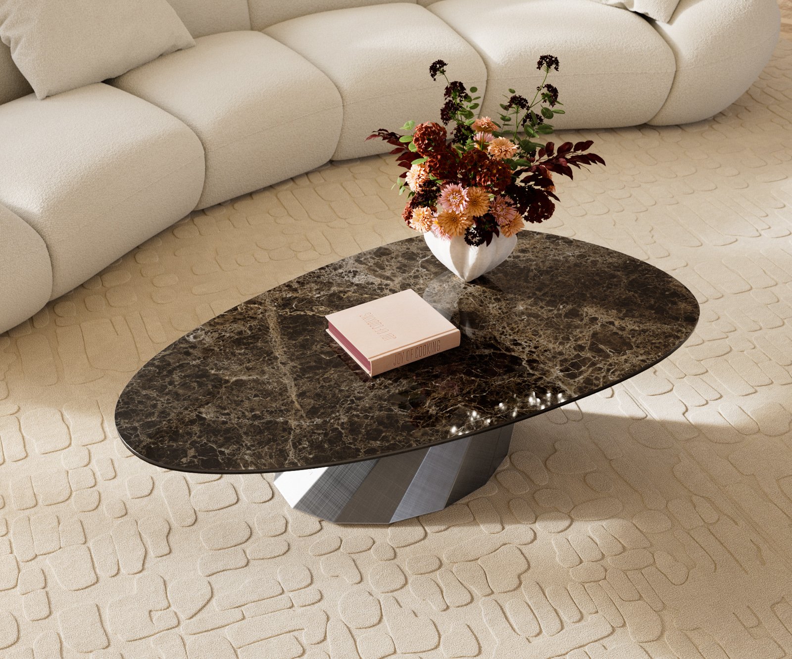 Konferenčný stolík Edge oválny 140x75 cm keramika Laminam® Emperador Extra Lucidato tmavohnedá Parabi metalická strieborná - Image 4