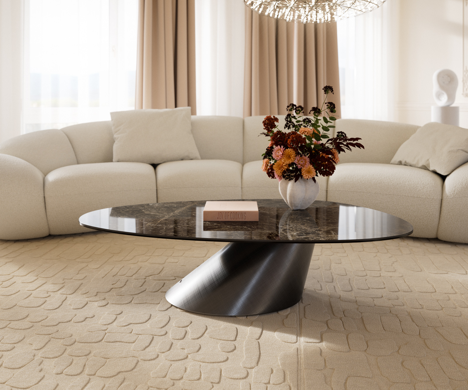 Konferenčný stolík Edge oválny 140x75 cm keramika Laminam® Emperador Extra Lucidato tmavohnedá Conis metalická strieborná - Image 2