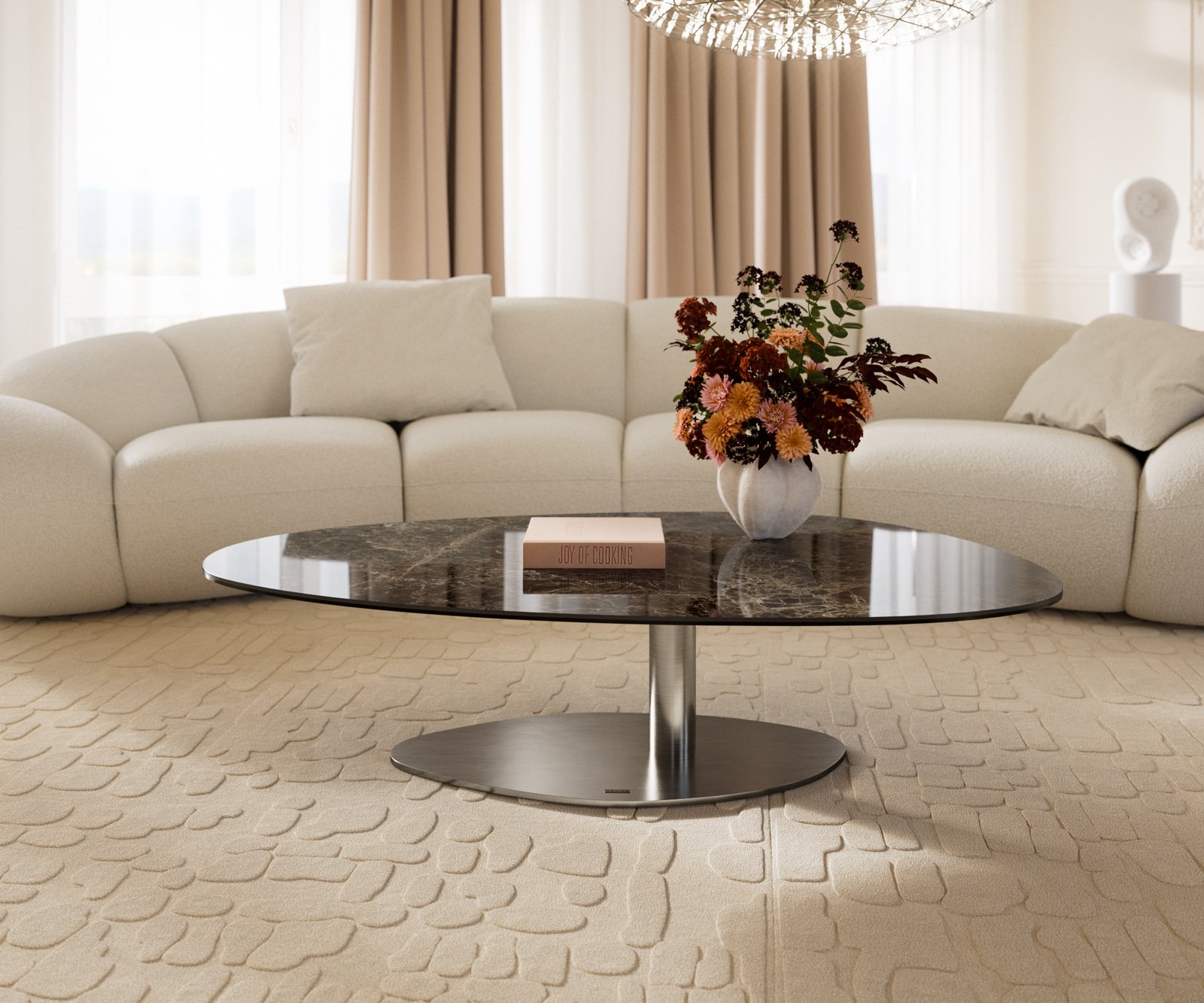 Konferenčný stolík Edge oválny 140x75 cm keramika Laminam® Emperador Extra Lucidato tmavohnedá Vibany nerezová oceľ kefovaná - Image 2