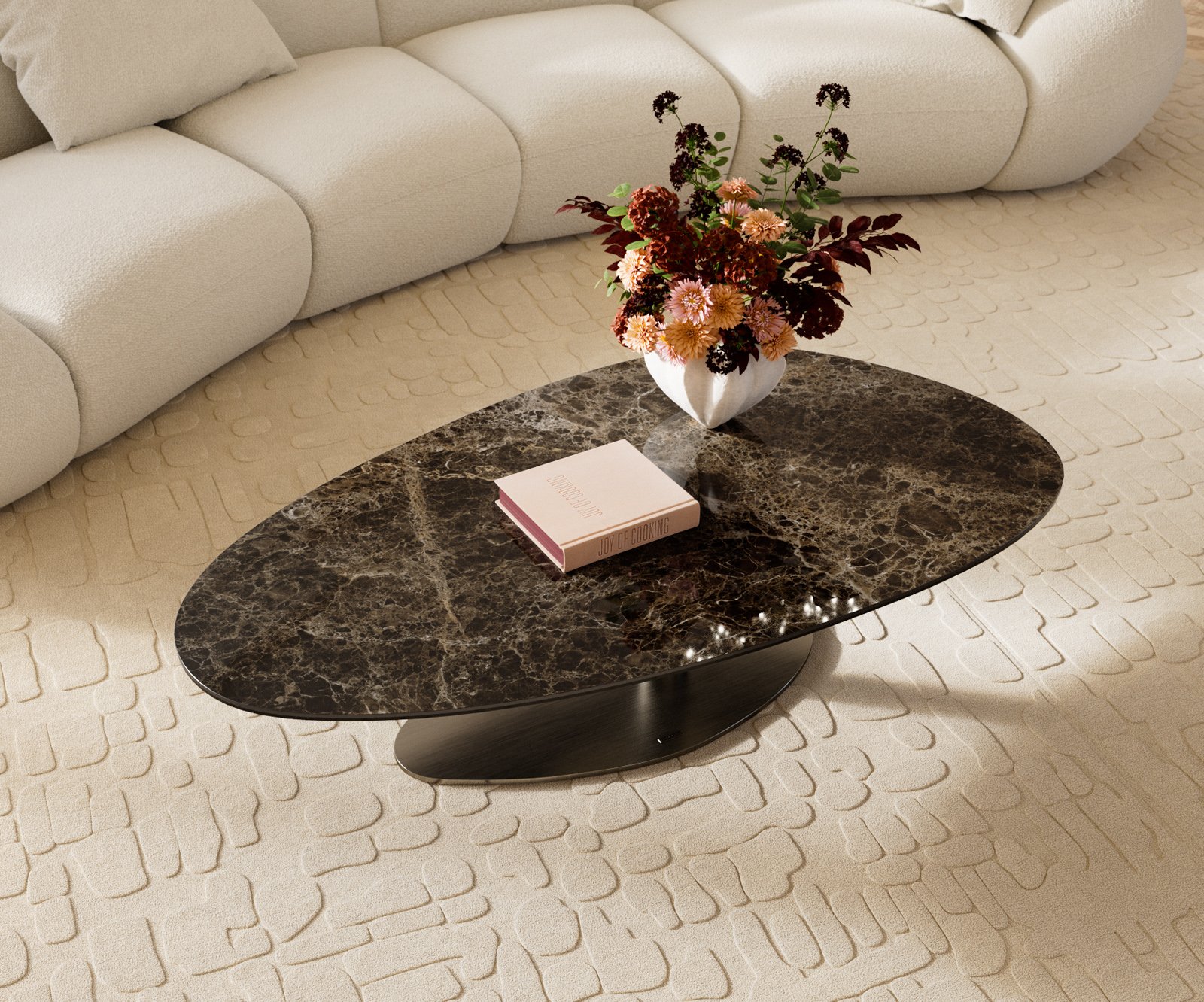 Konferenčný stolík Edge oválny 140x75 cm keramika Laminam® Emperador Extra Lucidato tmavohnedá Vibany nerezová oceľ kefovaná - Image 4