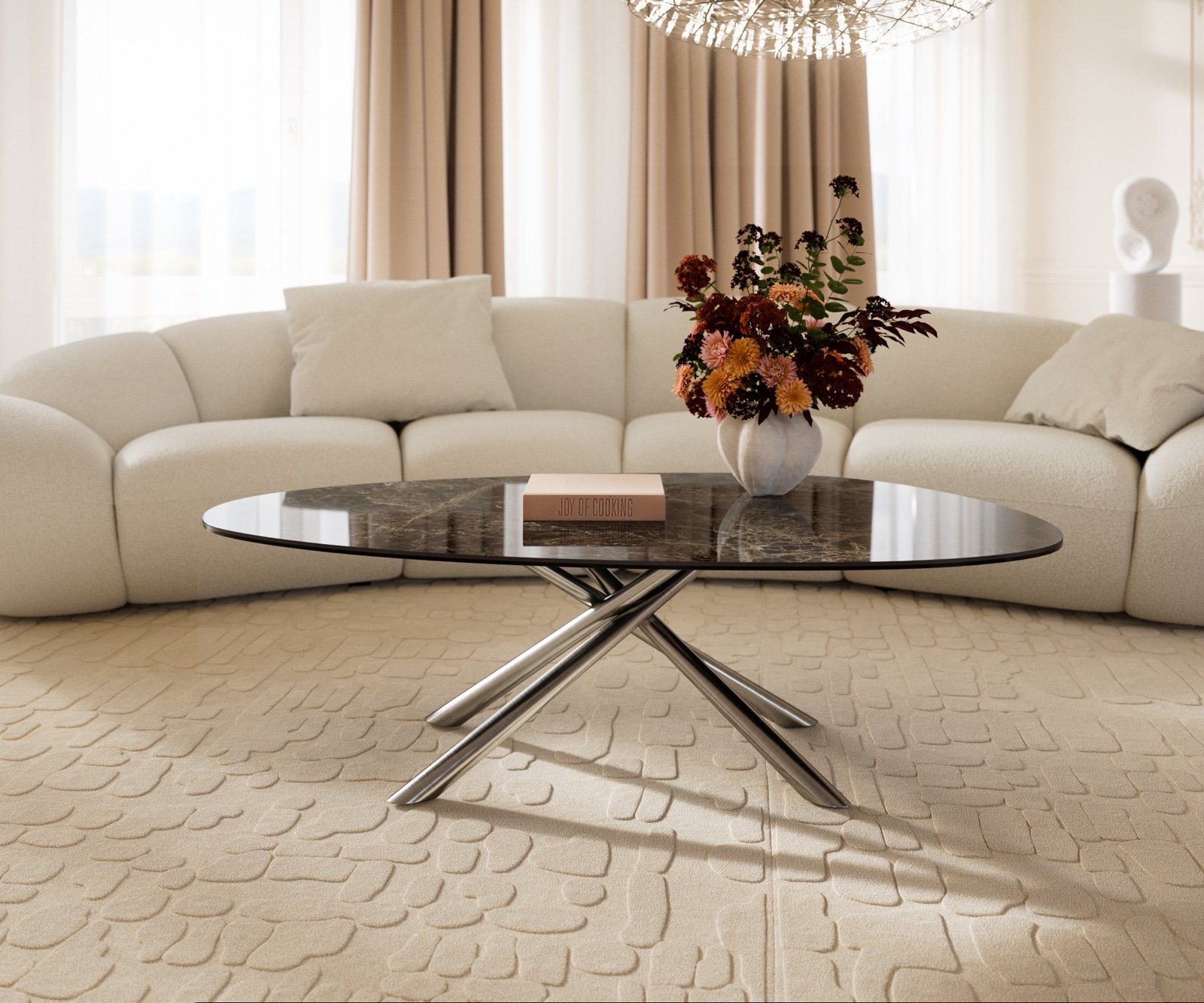 Konferenčný stolík Edge oválny 140x75 cm keramika Laminam® Emperador Extra Lucidato tmavohnedá Sarity nerezová oceľ kefovaná - Image 2