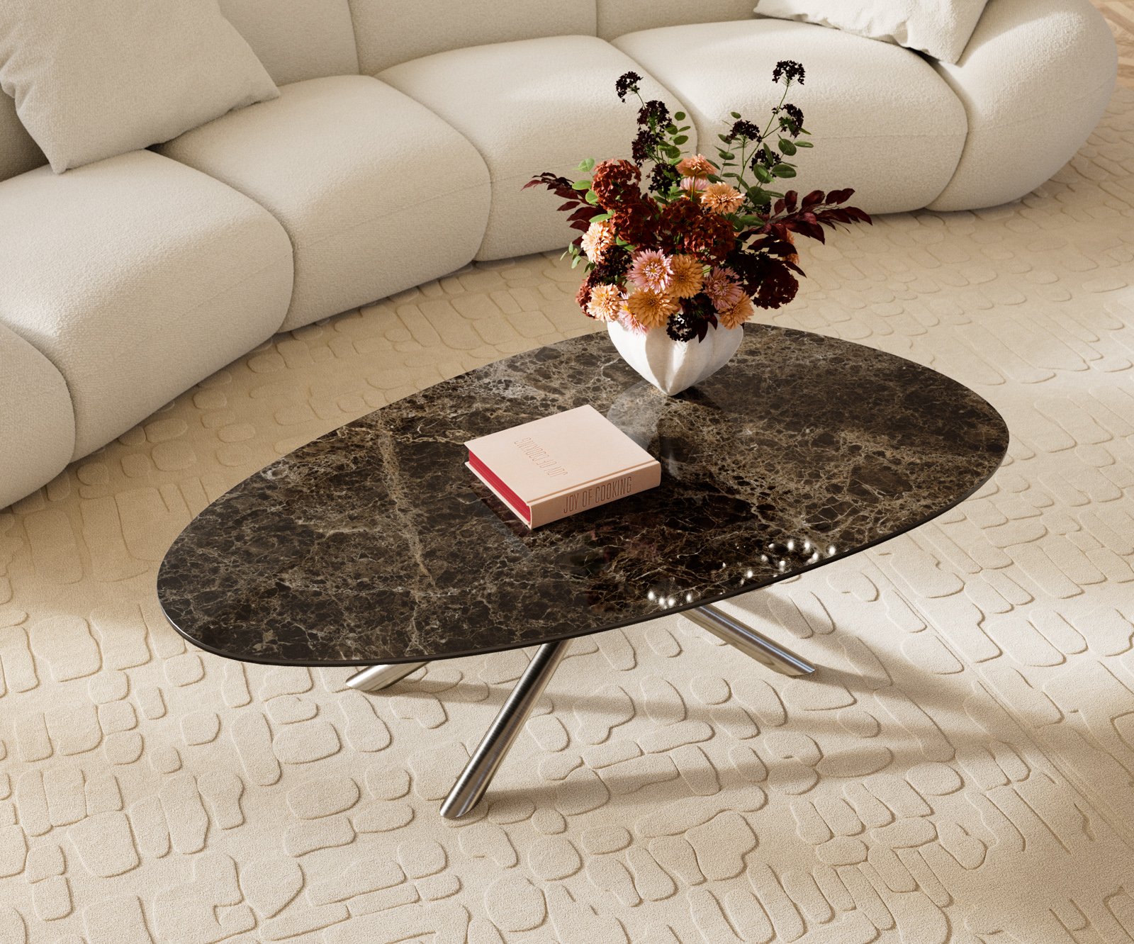 Konferenčný stolík Edge oválny 140x75 cm keramika Laminam® Emperador Extra Lucidato tmavohnedá Sarity nerezová oceľ kefovaná - Image 4