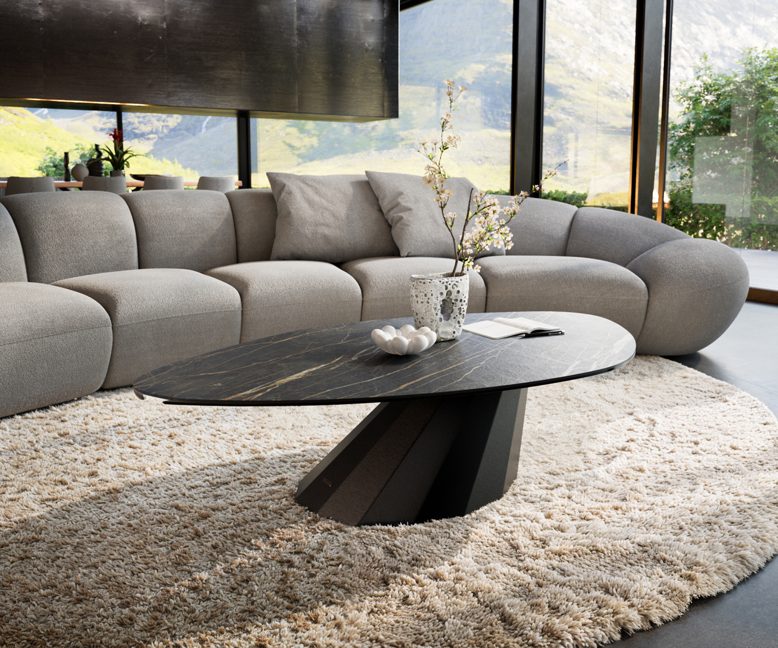 Konferenčný stolík Edge organický 140x76 cm keramika Laminam® Noir Desir hnedá Parabi kov čierna