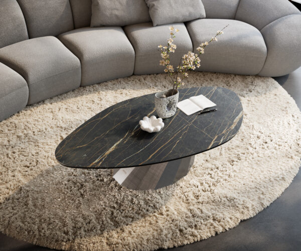 Konferenčný stolík Edge organický 140x76 cm keramika Laminam® Noir Desir hnedá Parabi metalická strieborná - Image 4