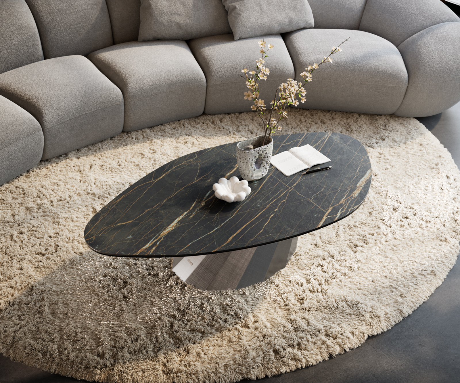 Konferenčný stolík Edge organický 140x76 cm keramika Laminam® Noir Desir hnedá Parabi metalická strieborná - Image 4
