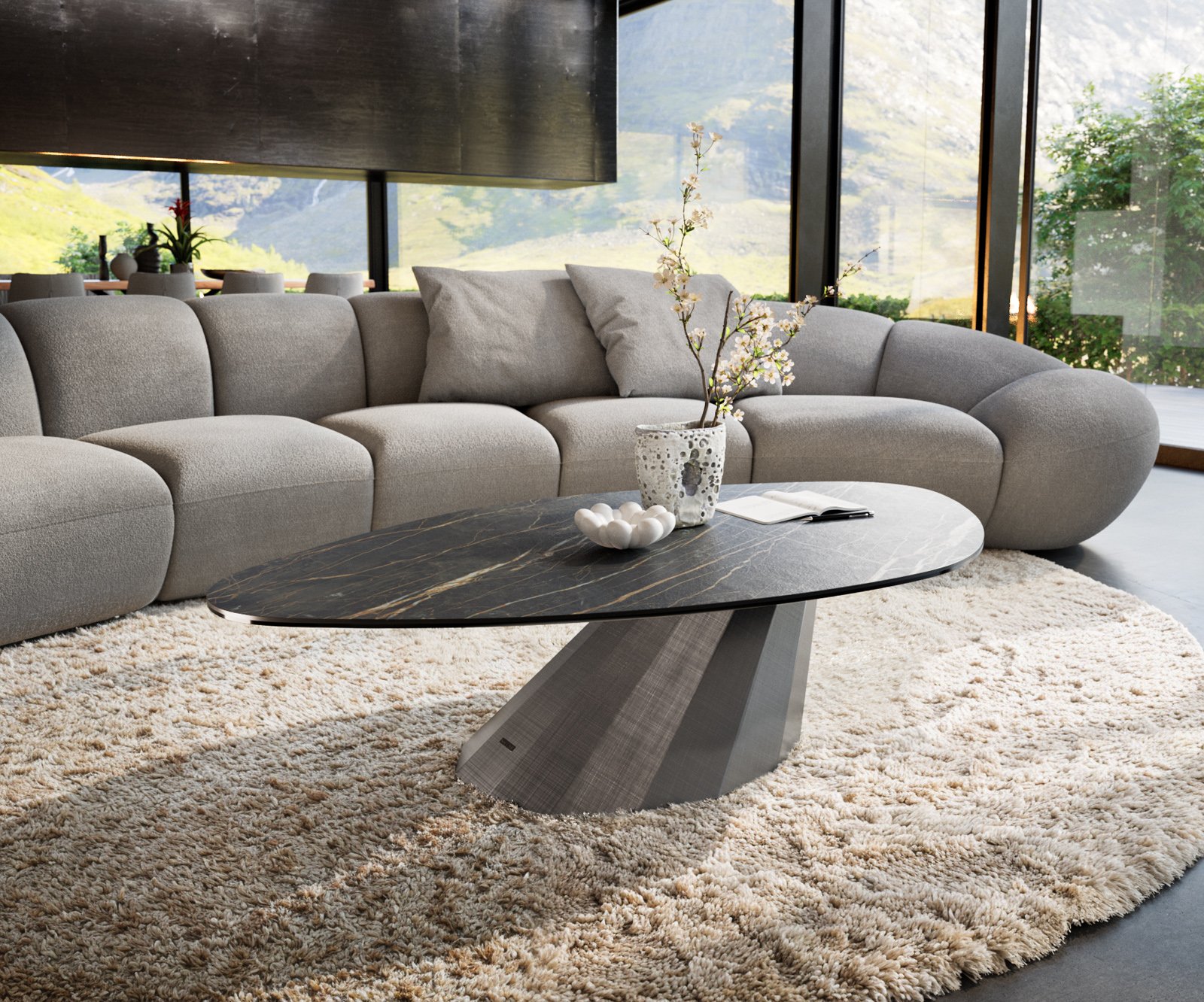 Konferenčný stolík Edge organický 140x76 cm keramika Laminam® Noir Desir hnedá Parabi metalická strieborná