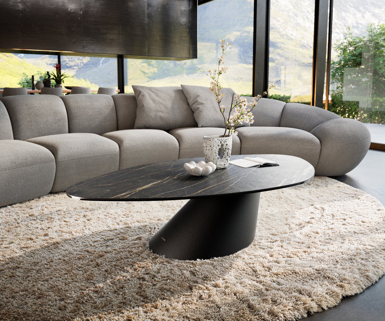 Konferenčný stolík Edge organický 140x76 cm keramika Laminam® Noir Desir hnedá Conis kov čierna