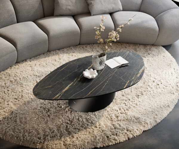 Konferenčný stolík Edge organický 140x76 cm keramika Laminam® Noir Desir hnedá Conis kov čierna - Image 4