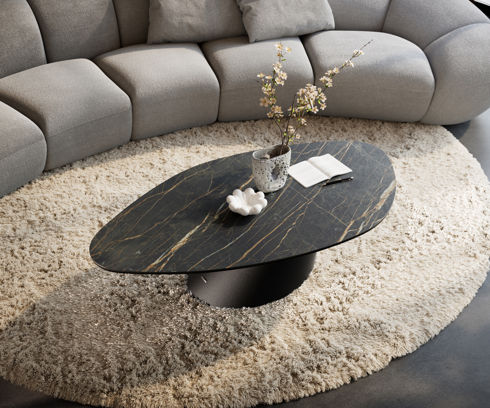 Konferenčný stolík Edge organický 140x76 cm keramika Laminam® Noir Desir hnedá Conis kov čierna - Image 4