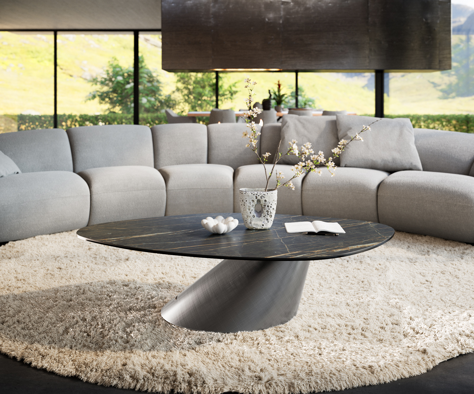 Konferenčný stolík Edge organický 140x76 cm keramika Laminam® Noir Desir hnedá Conis metalická strieborná - Image 2