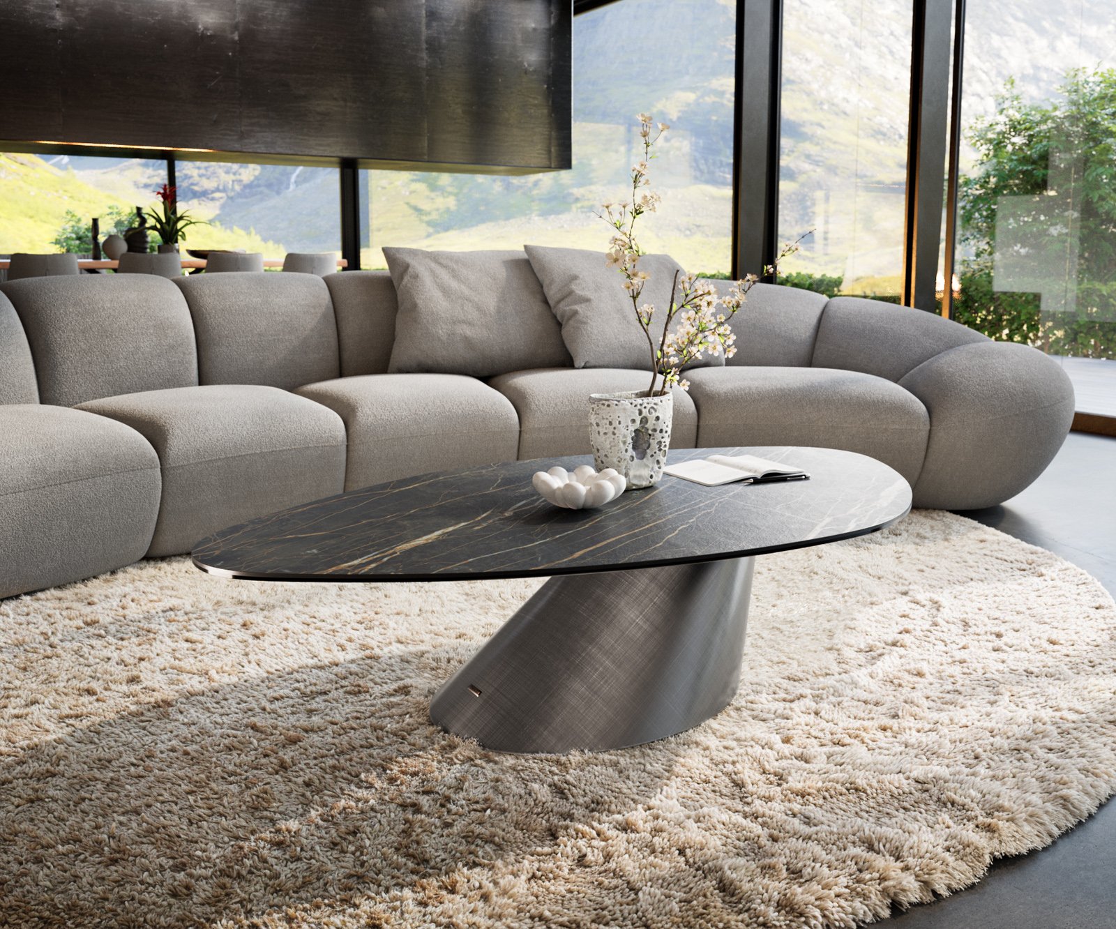 Konferenčný stolík Edge organický 140x76 cm keramika Laminam® Noir Desir hnedá Conis metalická strieborná