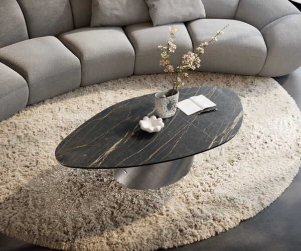 Konferenčný stolík Edge organický 140x76 cm keramika Laminam® Noir Desir hnedá Conis metalická strieborná - Image 4