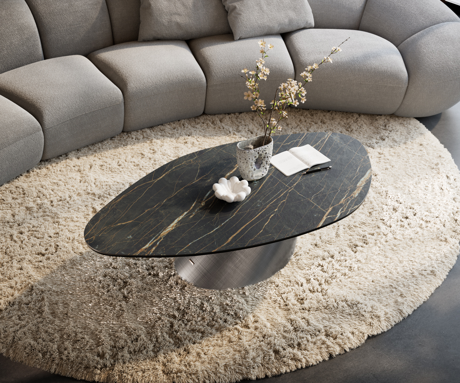 Konferenčný stolík Edge organický 140x76 cm keramika Laminam® Noir Desir hnedá Conis metalická strieborná - Image 4