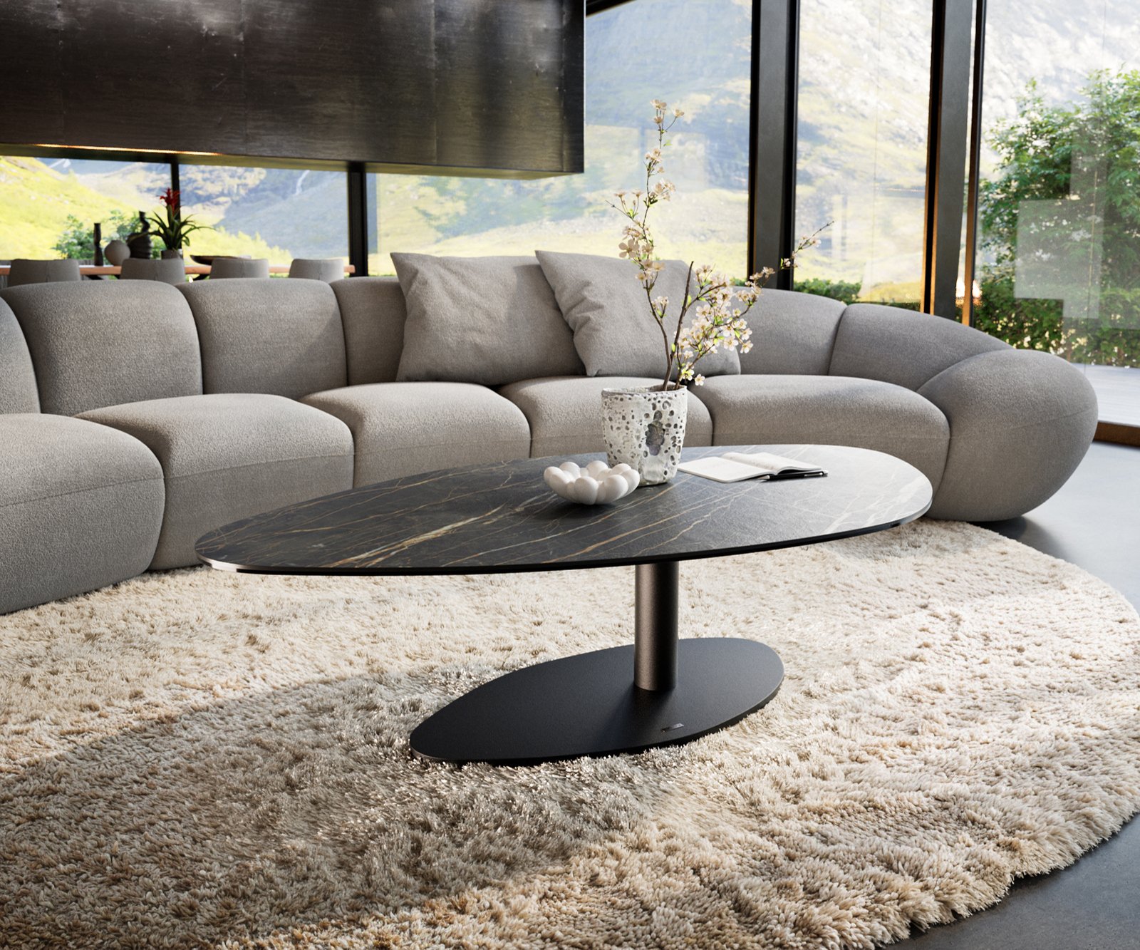 Konferenčný stolík Edge organický 140x76 cm keramika Laminam® Noir Desir hnedý Vibany kov čierna