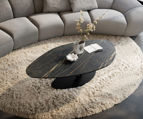 Konferenčný stolík Edge organický 140x76 cm keramika Laminam® Noir Desir hnedý Vibany kov čierna - Image 4
