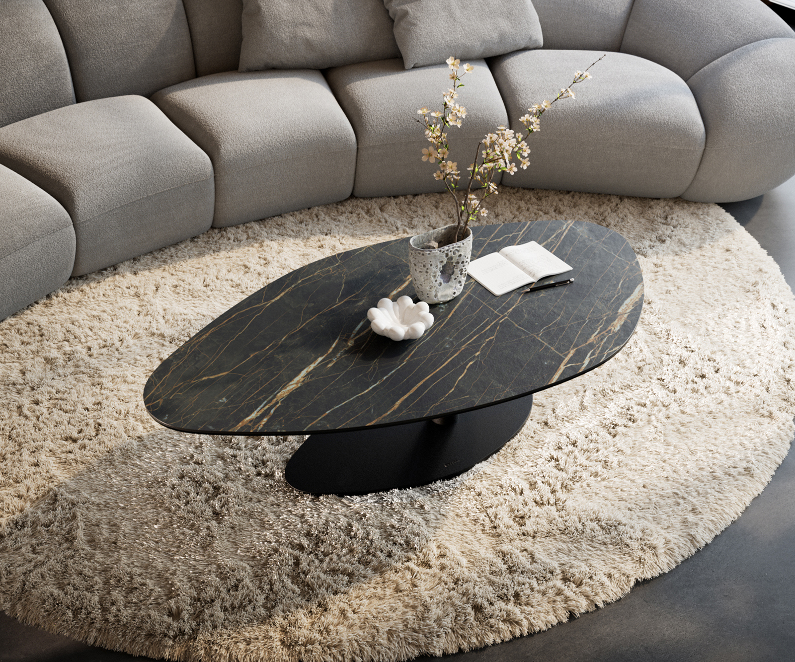 Konferenčný stolík Edge organický 140x76 cm keramika Laminam® Noir Desir hnedý Vibany kov čierna - Image 4