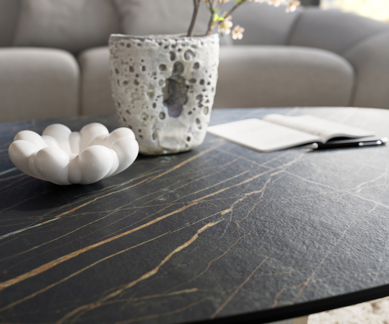 Konferenčný stolík Edge organický 140x76 cm keramika Laminam® Noir Desir hnedý Vibany kov čierna - Image 7