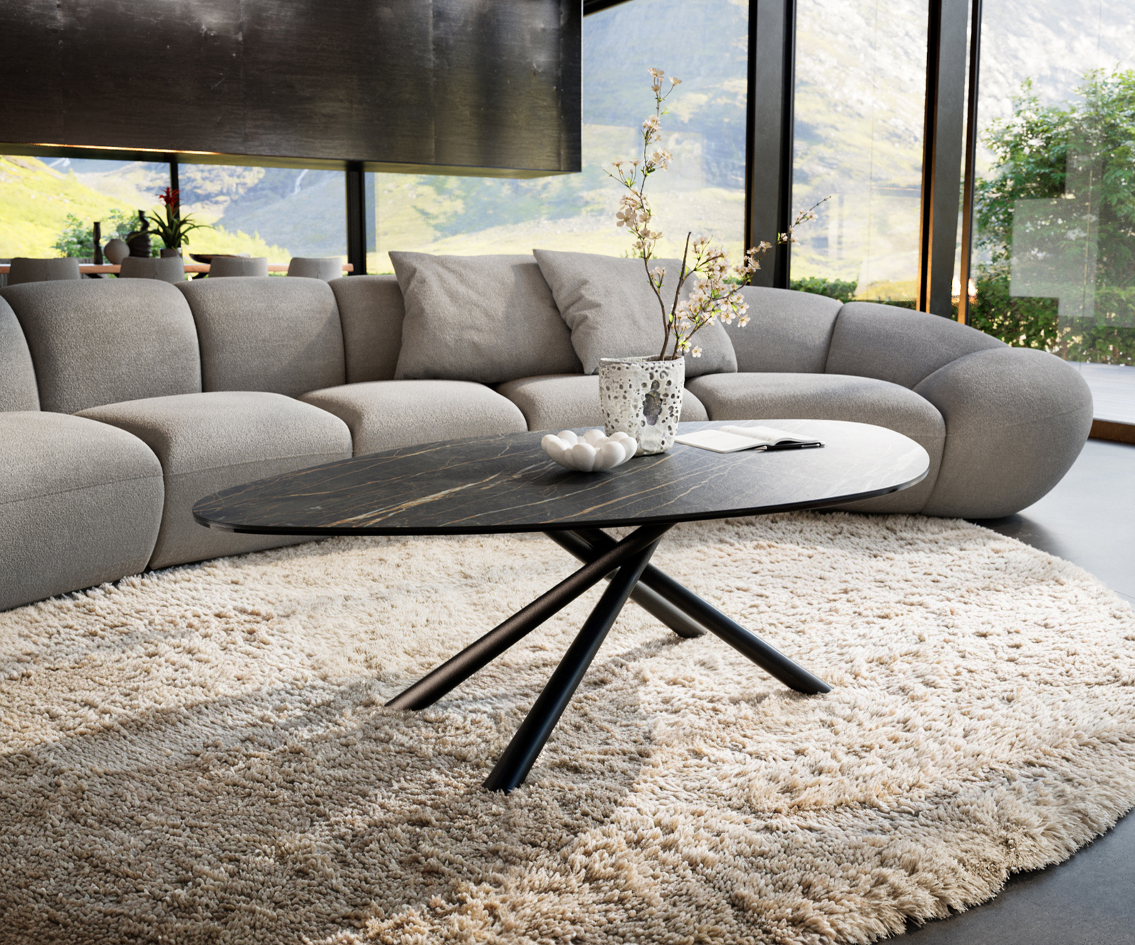 Konferenčný stolík Edge organický 140x76 cm keramika Laminam® Noir Desir hnedá Sarity kov čierna