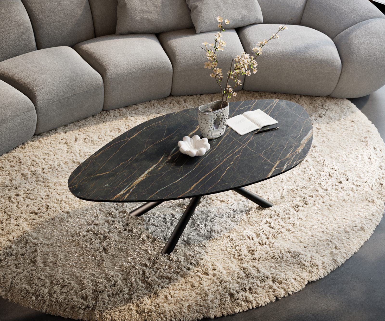 Konferenčný stolík Edge organický 140x76 cm keramika Laminam® Noir Desir hnedá Sarity kov čierna - Image 4