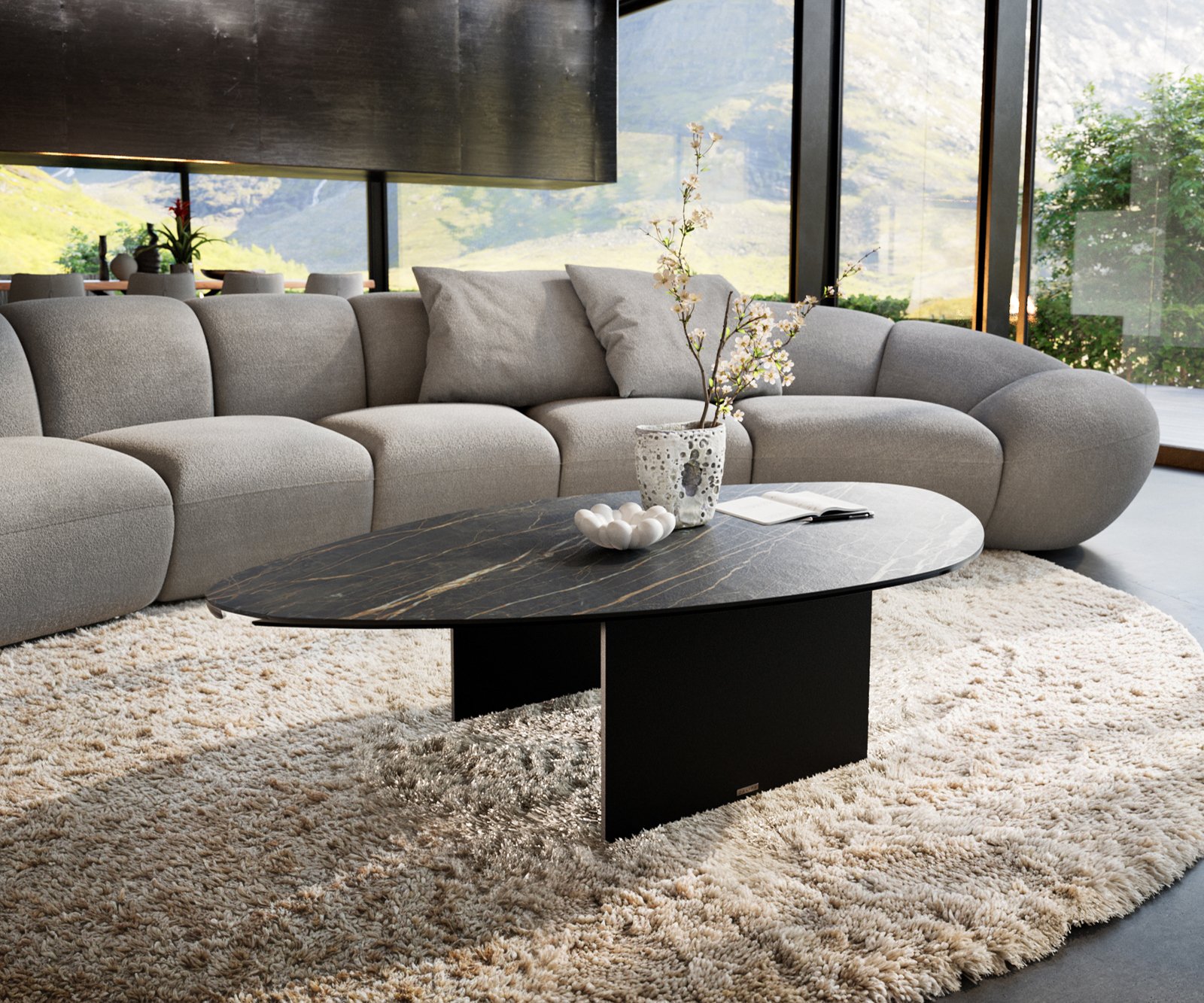 Konferenčný stolík Edge organický 140x76 cm keramika Laminam® Noir Desir hnedý Salto kov čierny