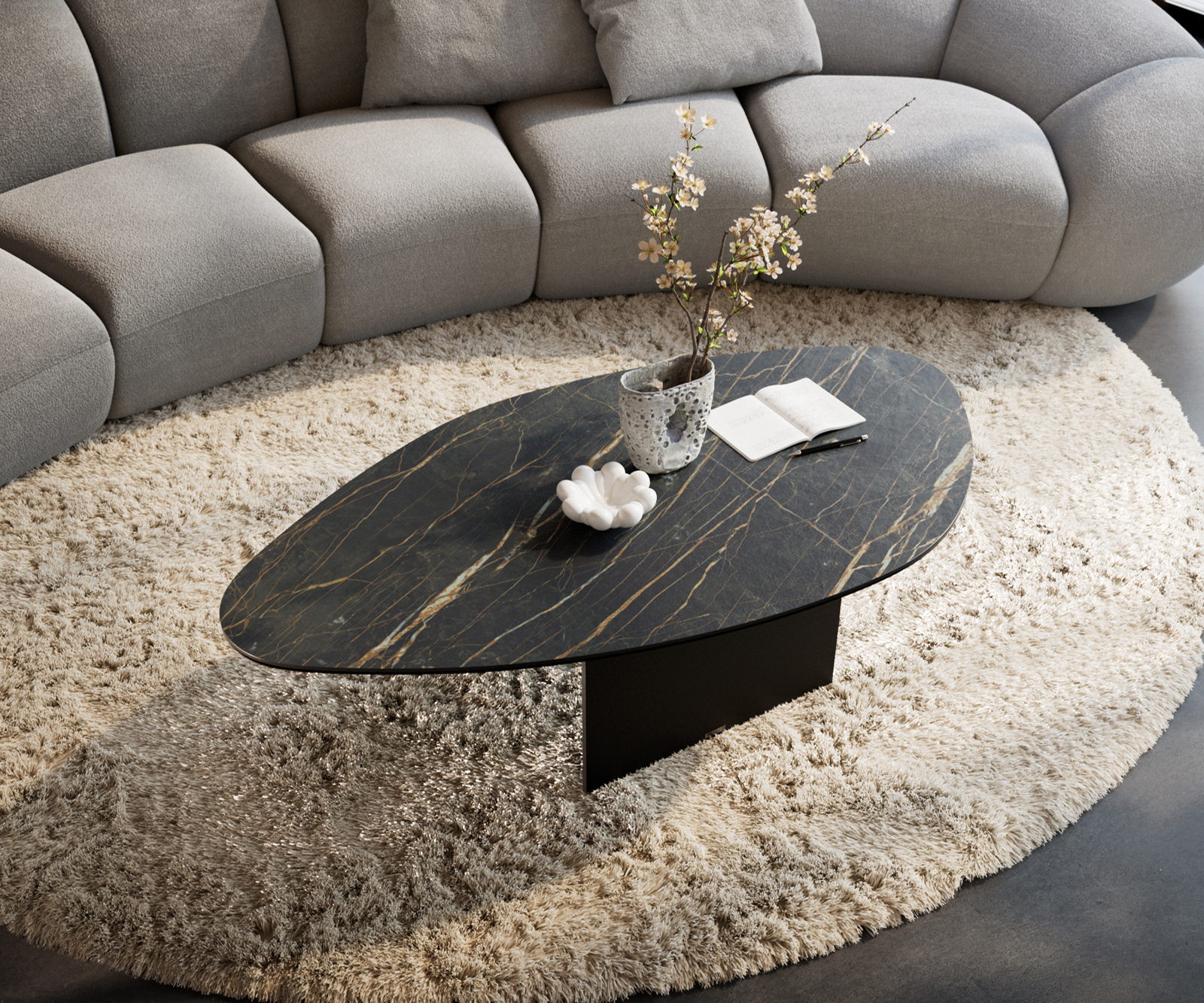 Konferenčný stolík Edge organický 140x76 cm keramika Laminam® Noir Desir hnedý Salto kov čierny - Image 4