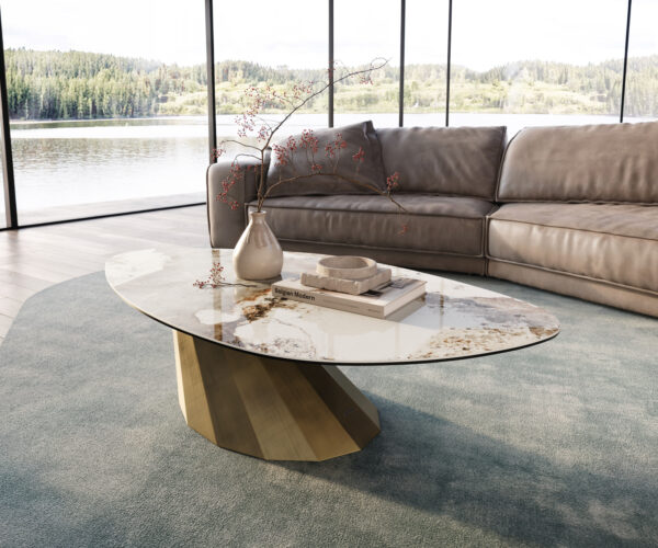 Konferenčný stolík Edge organický 140x76 cm keramika Minas Melange Parabi metalická zlatá - Image 2