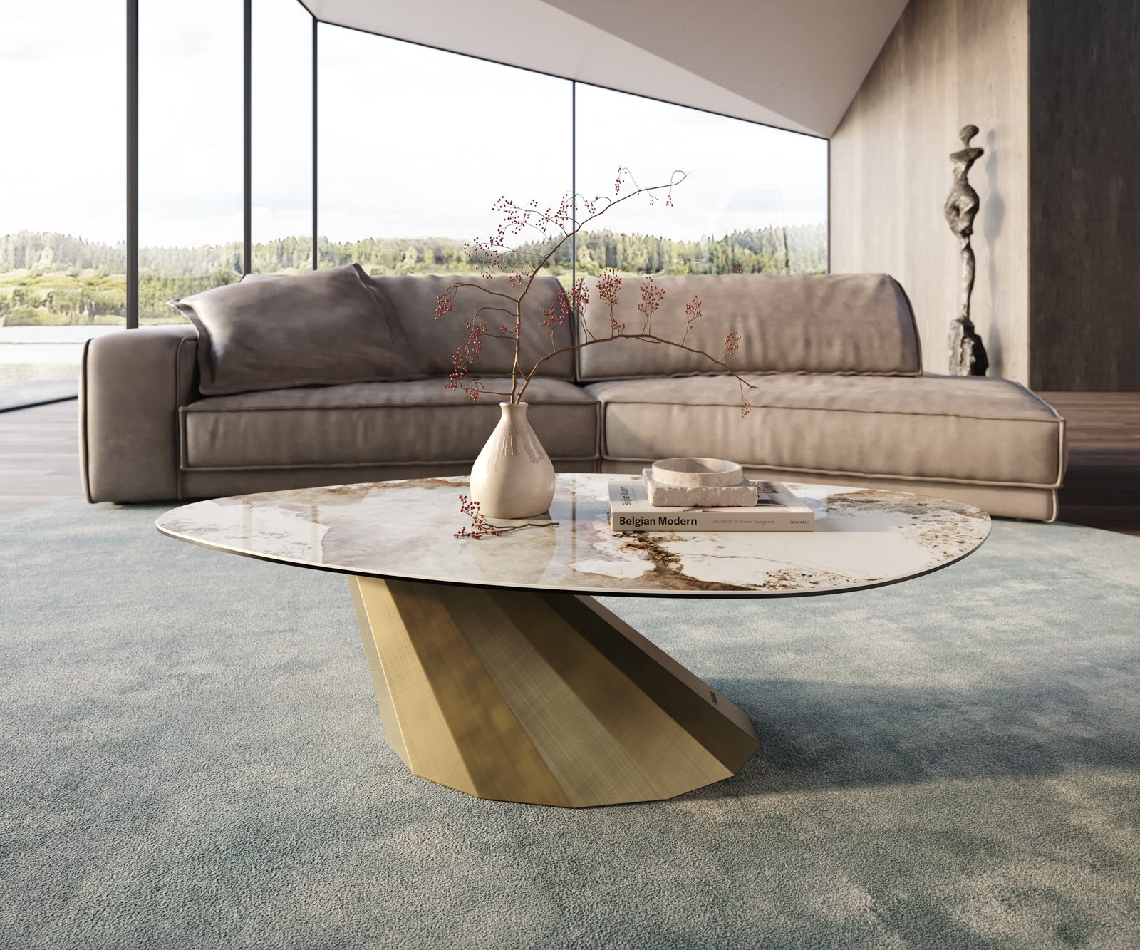 Konferenčný stolík Edge organický 140x76 cm keramika Minas Melange Parabi metalická zlatá