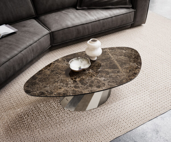 Konferenčný stolík Edge organický 140x76 cm keramika Laminam® Emperador Extra Lucidato tmavohnedá Parabi nerezová oceľ kefovaná - Image 4
