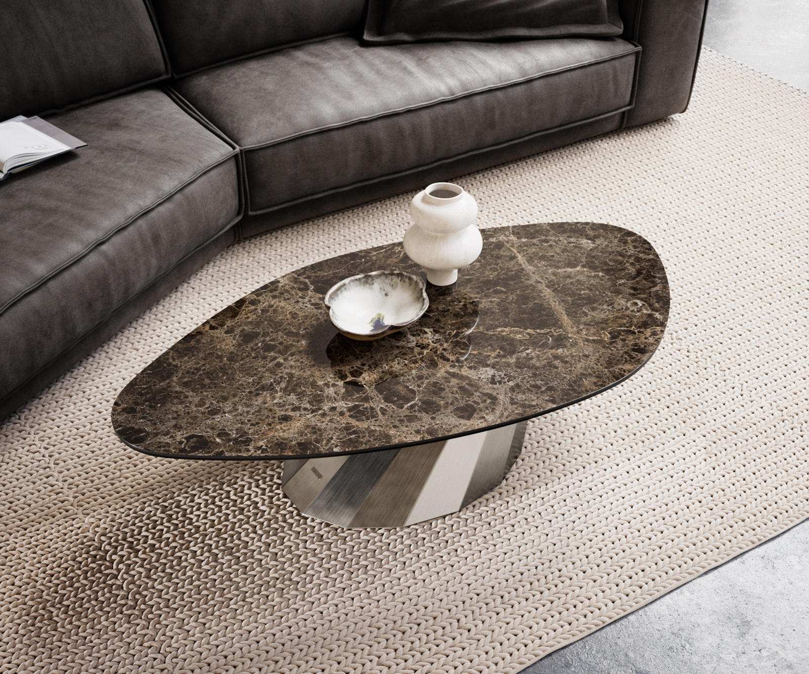Konferenčný stolík Edge organický 140x76 cm keramika Laminam® Emperador Extra Lucidato tmavohnedá Parabi nerezová oceľ kefovaná - Image 4