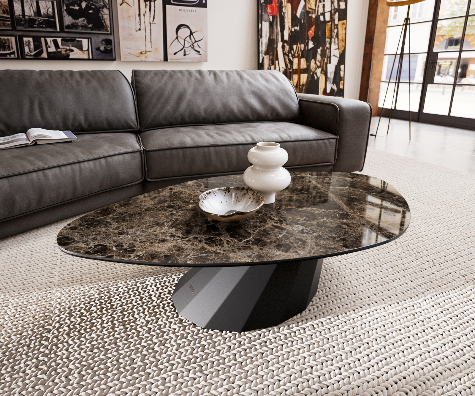 Konferenčný stolík Edge organický 140x76 cm keramika Laminam® Emperador Extra Lucidato tmavohnedá Parabi kov čierna - Image 2