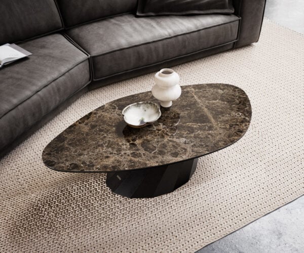 Konferenčný stolík Edge organický 140x76 cm keramika Laminam® Emperador Extra Lucidato tmavohnedá Parabi kov čierna - Image 4