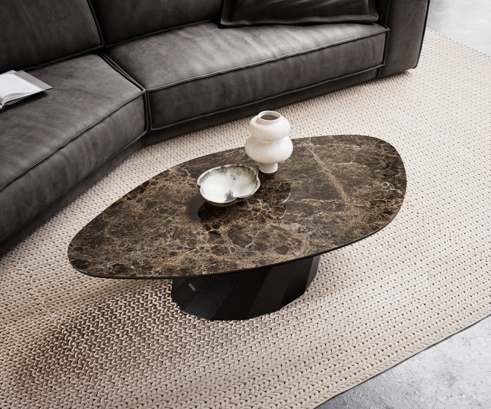 Konferenčný stolík Edge organický 140x76 cm keramika Laminam® Emperador Extra Lucidato tmavohnedá Parabi kov čierna - Image 4