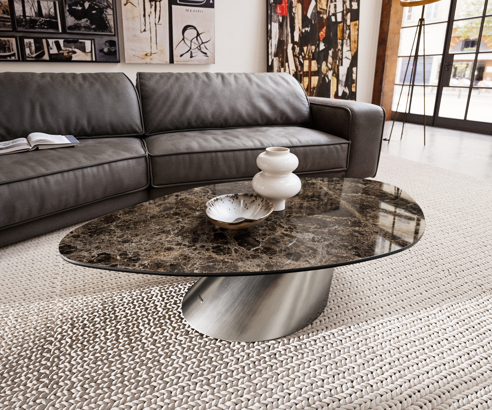 Konferenčný stolík Edge organický 140x76 cm keramika Laminam® Emperador Extra Lucidato tmavohnedá konická nerezová oceľ kefovaná - Image 2