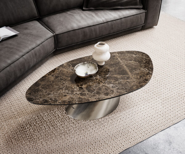 Konferenčný stolík Edge organický 140x76 cm keramika Laminam® Emperador Extra Lucidato tmavohnedá konická nerezová oceľ kefovaná - Image 4