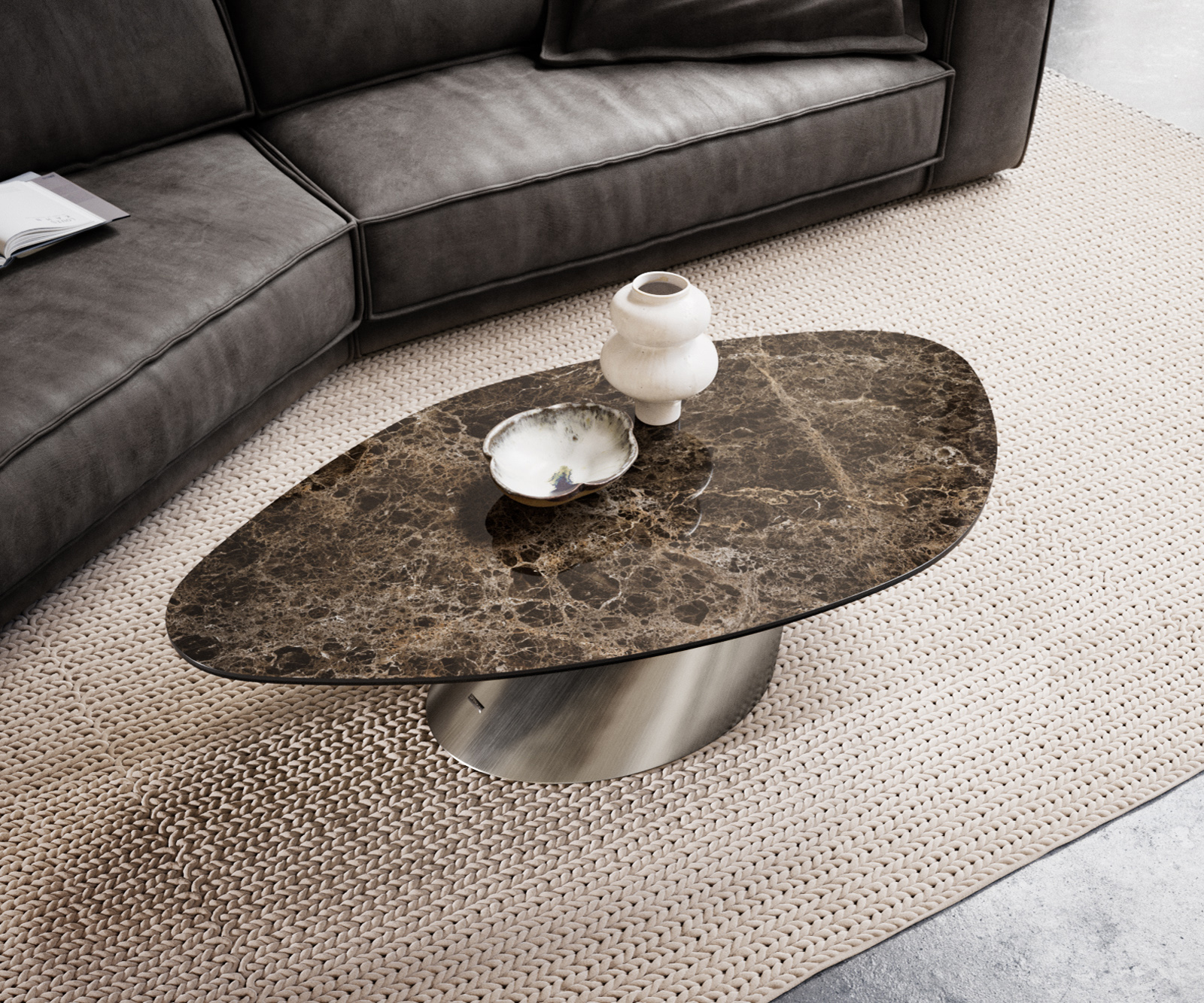 Konferenčný stolík Edge organický 140x76 cm keramika Laminam® Emperador Extra Lucidato tmavohnedá konická nerezová oceľ kefovaná - Image 4