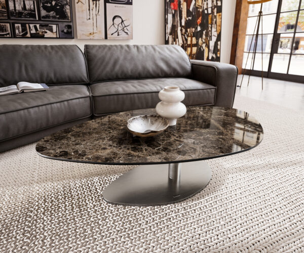Konferenčný stolík Edge organický 140x76 cm keramika Laminam® Emperador Extra Lucidato tmavohnedá Vibany nerezová oceľ kefovaná - Image 2