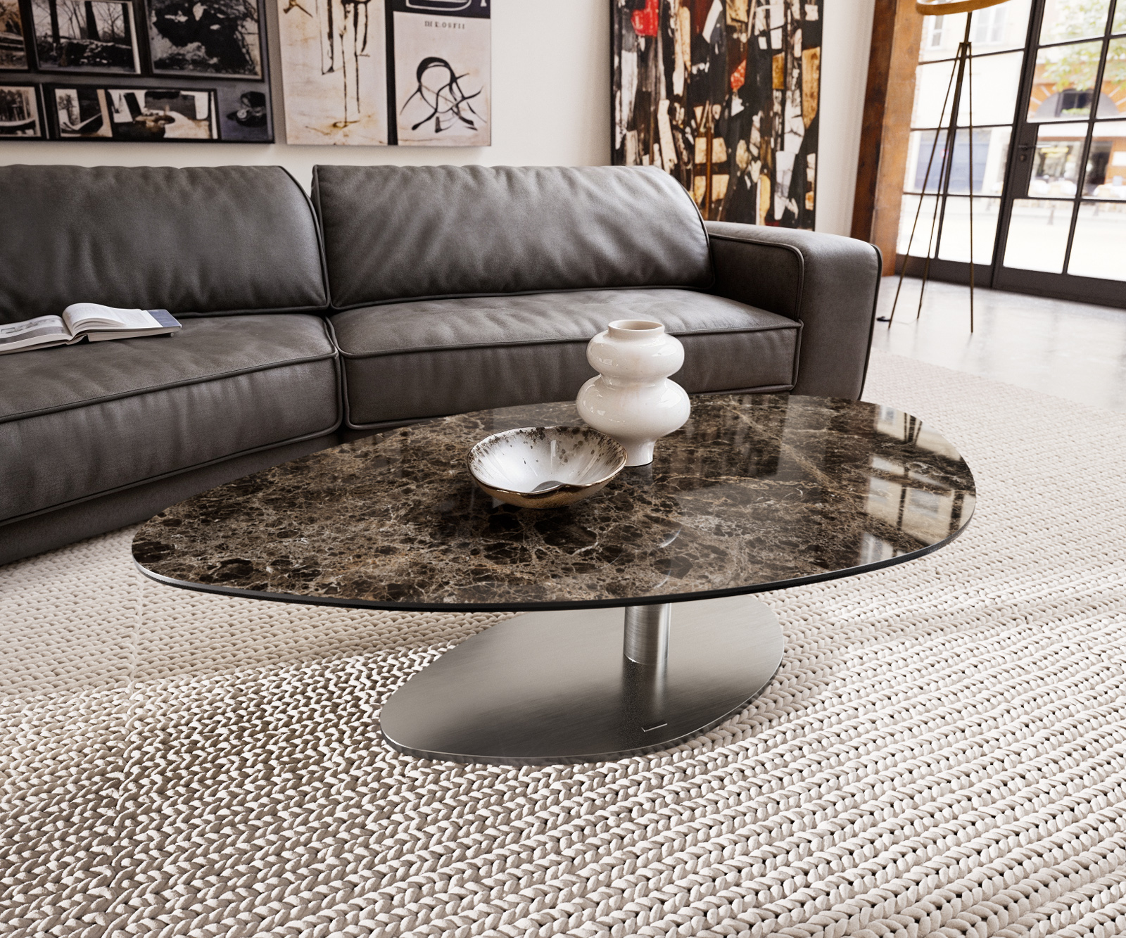 Konferenčný stolík Edge organický 140x76 cm keramika Laminam® Emperador Extra Lucidato tmavohnedá Vibany nerezová oceľ kefovaná - Image 2