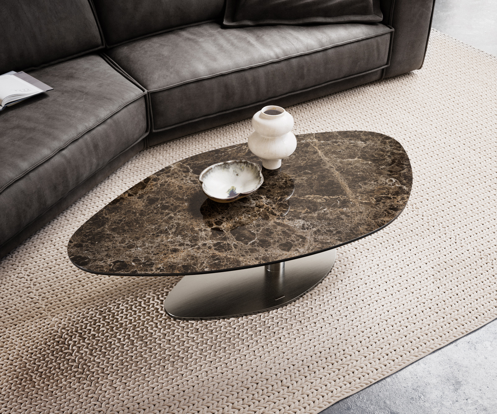 Konferenčný stolík Edge organický 140x76 cm keramika Laminam® Emperador Extra Lucidato tmavohnedá Vibany nerezová oceľ kefovaná - Image 4