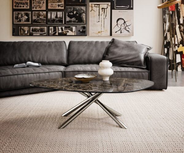 Konferenčný stolík Edge organický 140x76 cm keramika Laminam® Emperador Extra Lucidato tmavohnedá Sarity nerezová oceľ kefovaná - Image 2