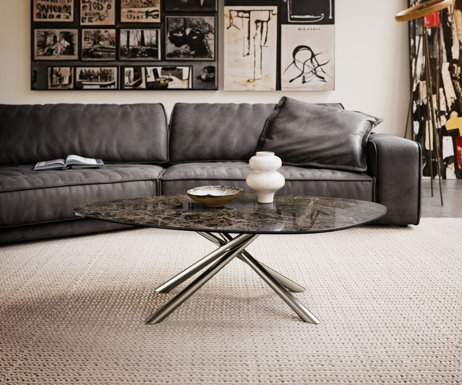Konferenčný stolík Edge organický 140x76 cm keramika Laminam® Emperador Extra Lucidato tmavohnedá Sarity nerezová oceľ kefovaná - Image 2