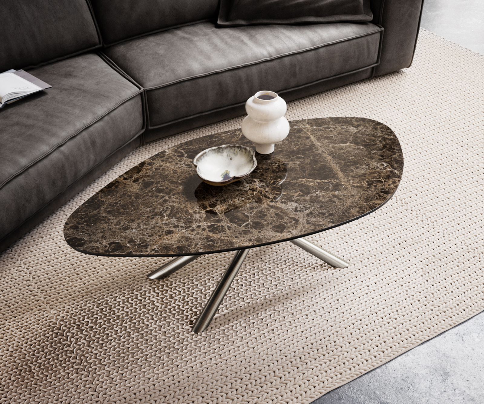 Konferenčný stolík Edge organický 140x76 cm keramika Laminam® Emperador Extra Lucidato tmavohnedá Sarity nerezová oceľ kefovaná - Image 4