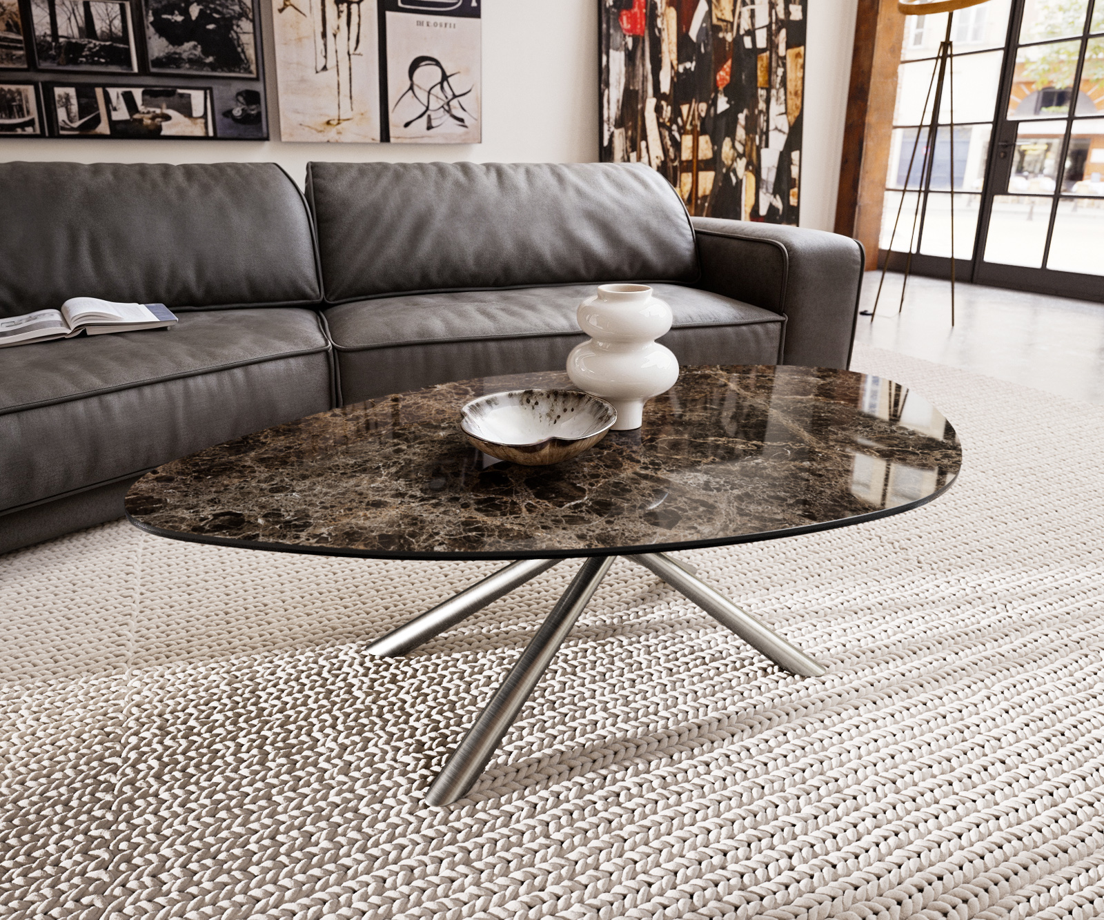 Konferenčný stolík Edge organický 140x76 cm keramika Laminam® Emperador Extra Lucidato tmavohnedá Sarity nerezová oceľ kefovaná