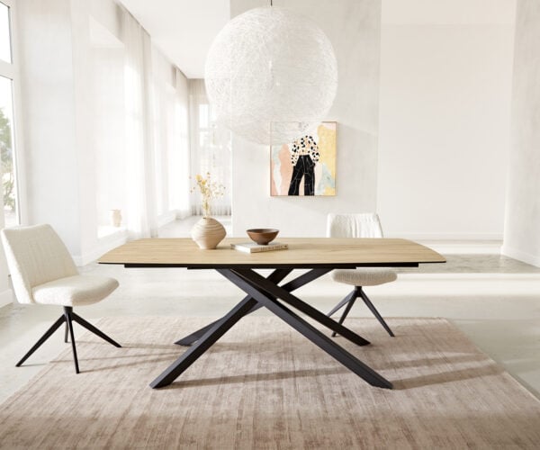 Jedálenský stôl Edge oválny 200x100 keramika Laminam® sabbia v dubovej farbe krížová podstava hranatý čierna