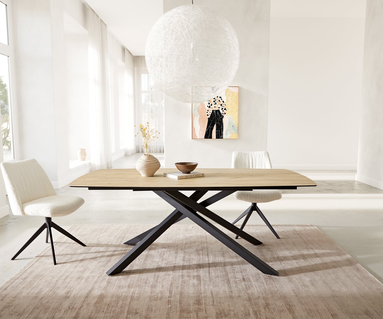 Jedálenský stôl Edge oválny 200x100 keramika Laminam® sabbia v dubovej farbe krížová podstava hranatý čierna