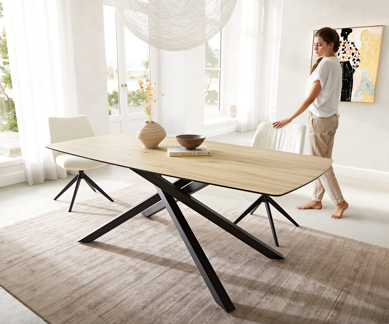 Jedálenský stôl Edge oválny 200x100 keramika Laminam® sabbia v dubovej farbe krížová podstava hranatý čierna - Image 2