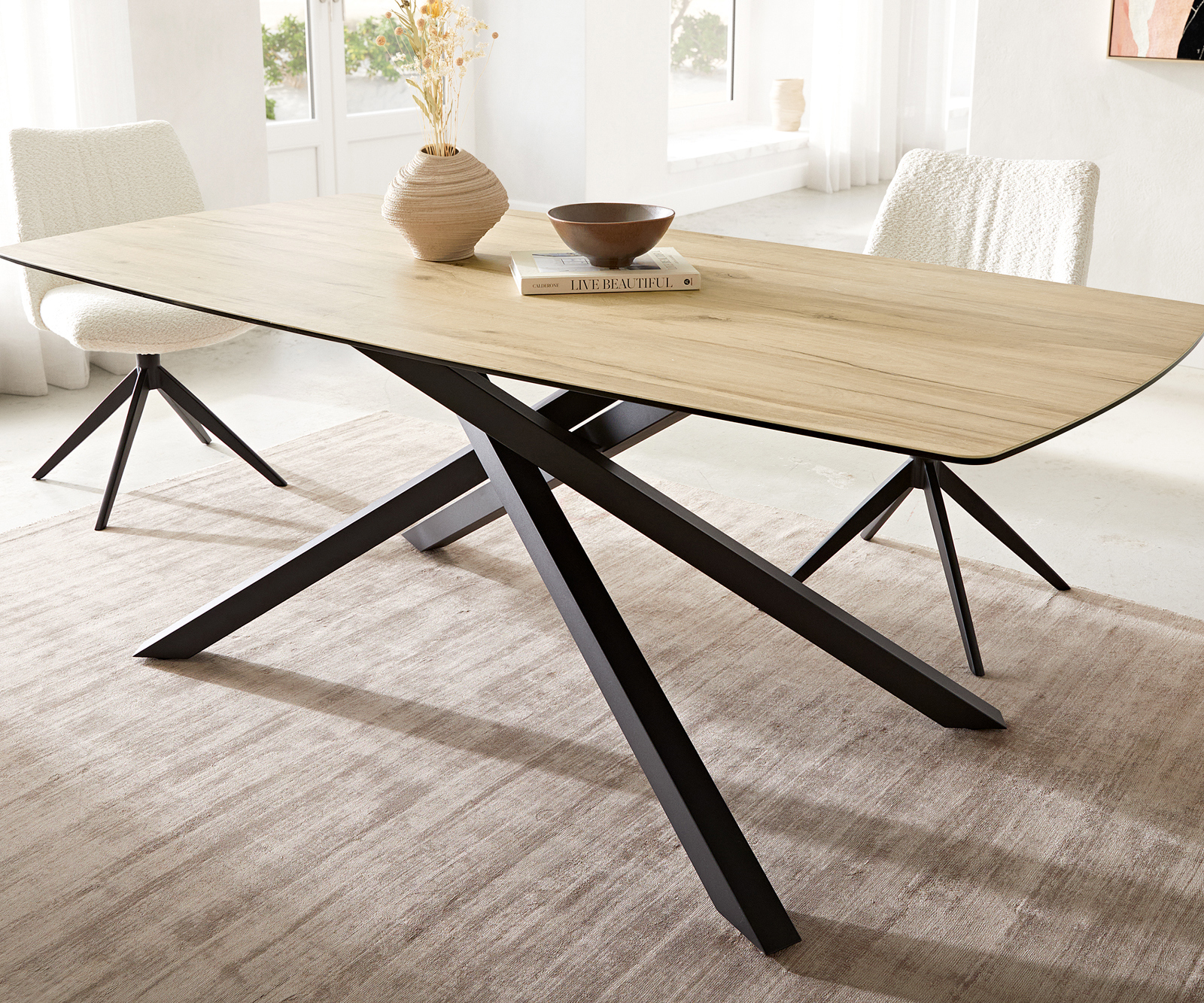 Jedálenský stôl Edge oválny 200x100 keramika Laminam® sabbia v dubovej farbe krížová podstava hranatý čierna - Image 6