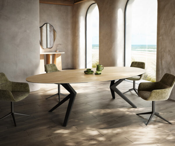 Jedálenský stôl Edge oválny 280x130 keramika Laminam® sabbia dubová farba Zenthara hranatý kov čierna